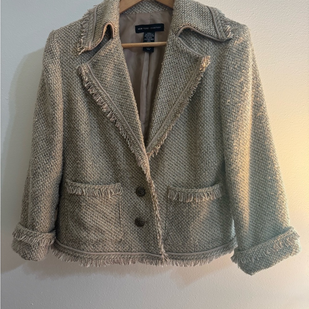 New York & Company Tan Tweed Blazer with Fringe Details